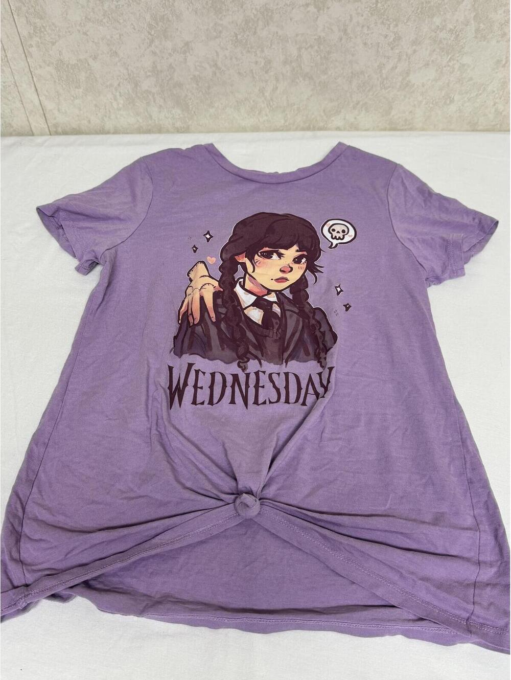 Officially Licensed Wednesday Addams Girls Front-Knot Graphic Tee Size Large  14